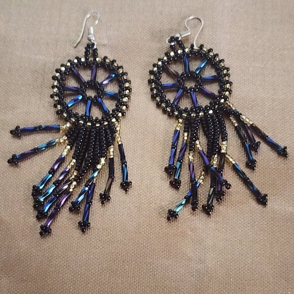 Handmade Beaded Chandelier Shepard's Hook Earrings Black Iridescent and Gold 4" - Picture 1 of 16